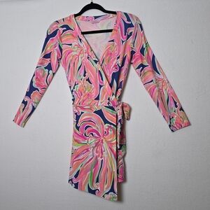 Lilly Pulitzer Wrap Romper Long Sleeve V-Neck Tie Belt Tropical Floral Print S